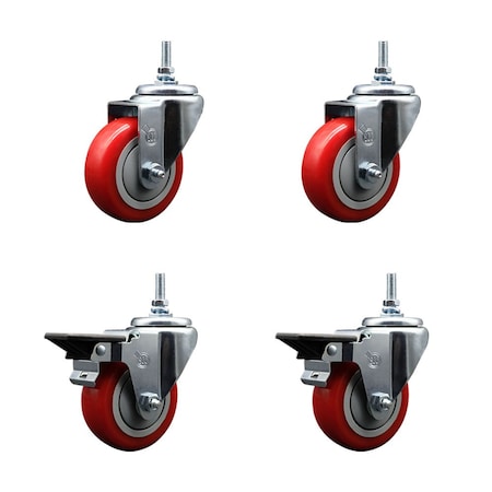 Service Caster 35 Inch Red Polyurethane 38 Inch Threaded Stem Caster Set 2 Brakes SCC SCC-TS20S3514-PPUB-RED-381615-2-PLB2
